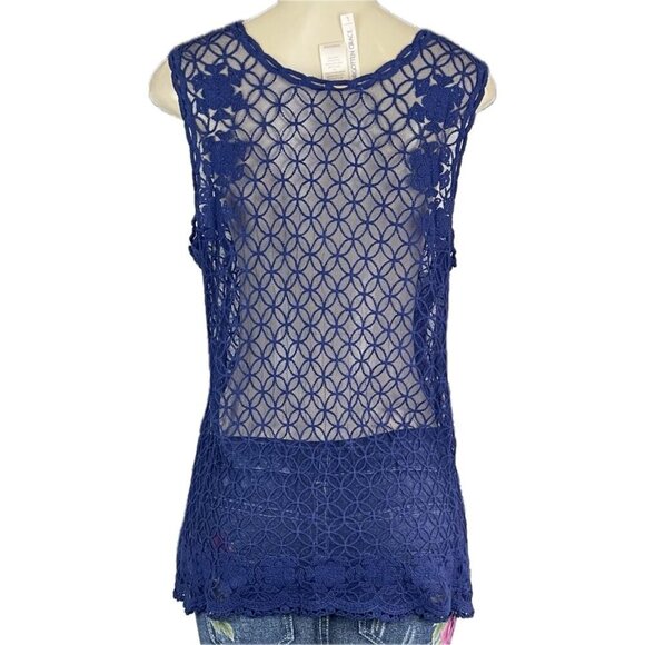 Forgotten Grace L Navy Blue Sheer Mesh Floral Crochet Scoop Neckline Tank Top - Picture 4 of 6